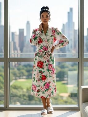 VICTORIA’S SECRET VINTAGE GOLD LABEL 80S FLORAL LACE TRIM ROBE SZ L